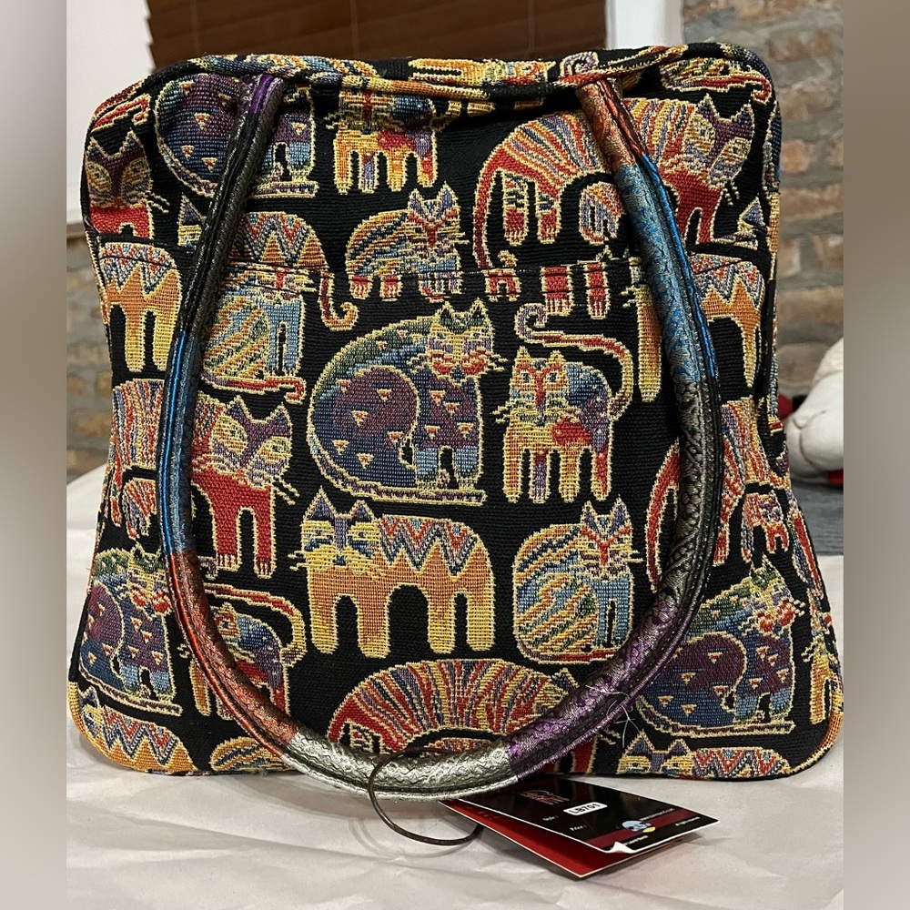 LAUREL BURCH VINTAGE HANDWOVEN FELINE TAPESTRY TOTE NWT